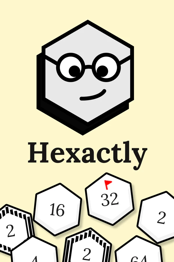 Hexactly cover: the mascot, the name and tilted tiles tumbling off the bottom, one with a goal flag