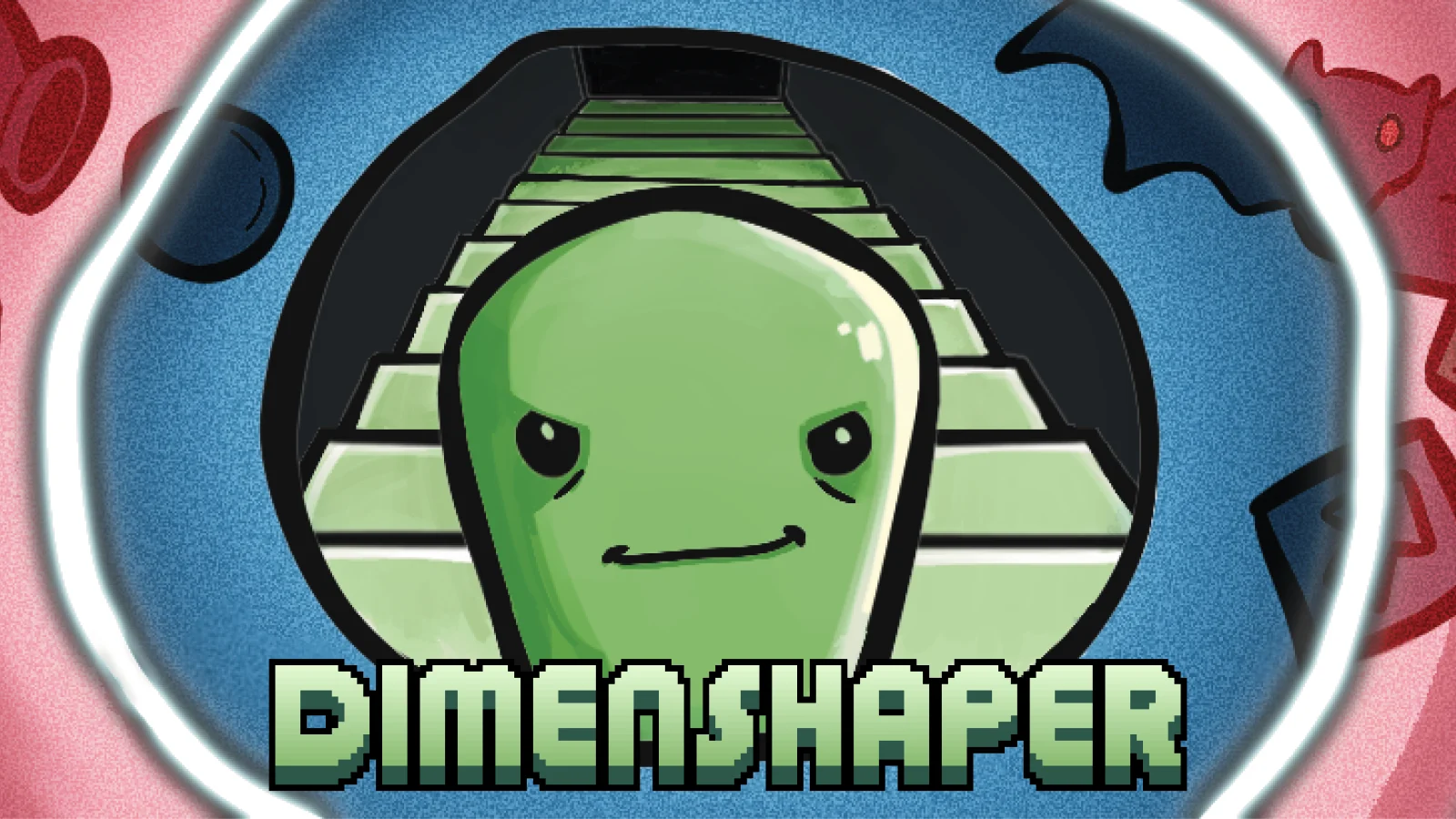 Dimenshaper key art: the green slime hero in a tunnel of steps, framed by the blue and red dimensions