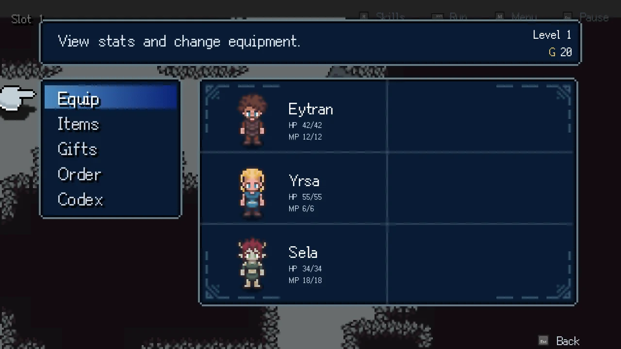 The party menu with Eytran, Yrsa and Sela