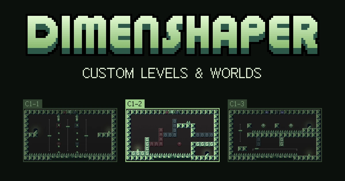 The Dimenshaper logo above three player-made rooms tagged C1-1, C1-2 and C1-3, with green, red and blue blocks, spikes and moving platforms