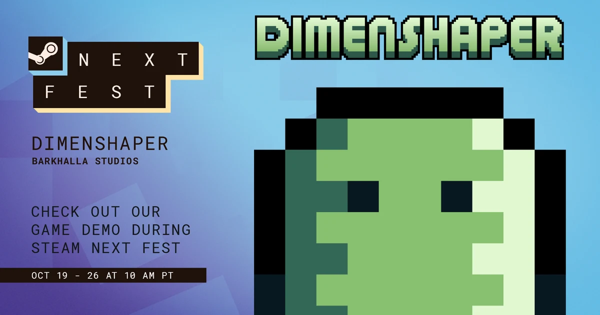 The Steam Next Fest badge next to the Dimenshaper logo and its green pixel-art hero