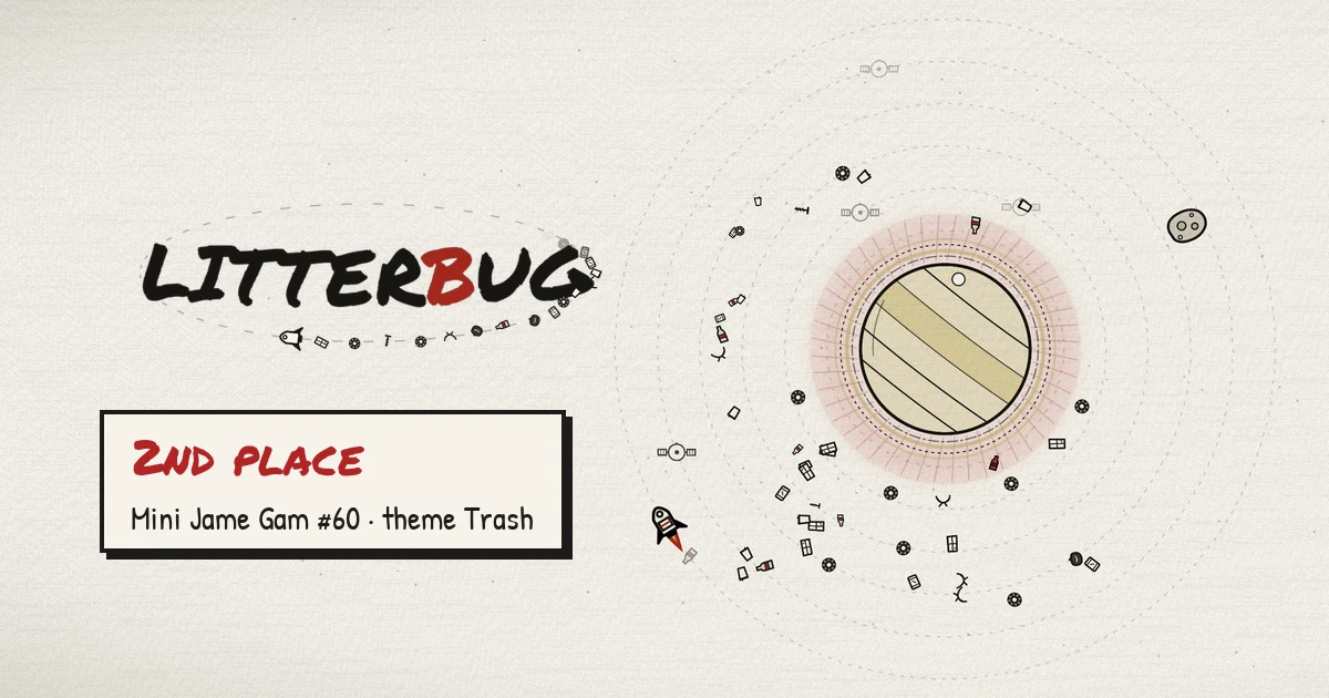 The Litterbug logo and a "2nd place · Mini Jame Gam #60 · theme Trash" card next to a hand-drawn planet ringed by junk